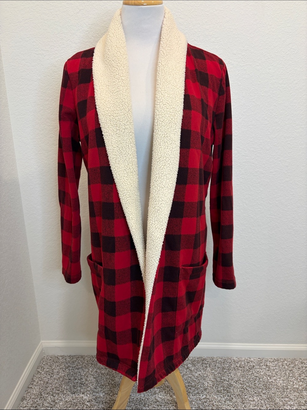 Eddie Bauer Red Buffalo Plaid Sherpa Lined Long Cardigan Medium